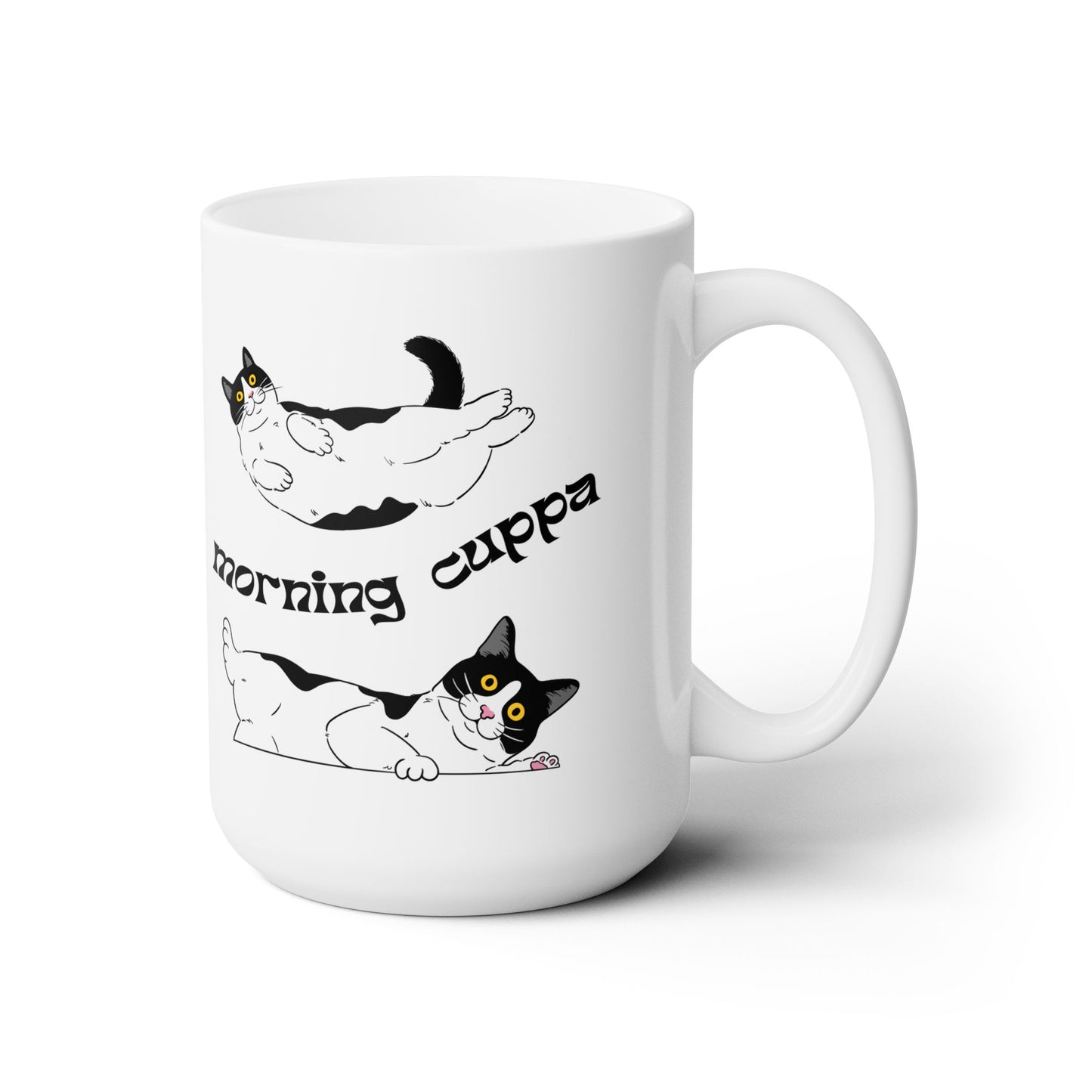 Morning Cuppa with Tuxedo Cats, Cute White Ceramic Mug, 15oz