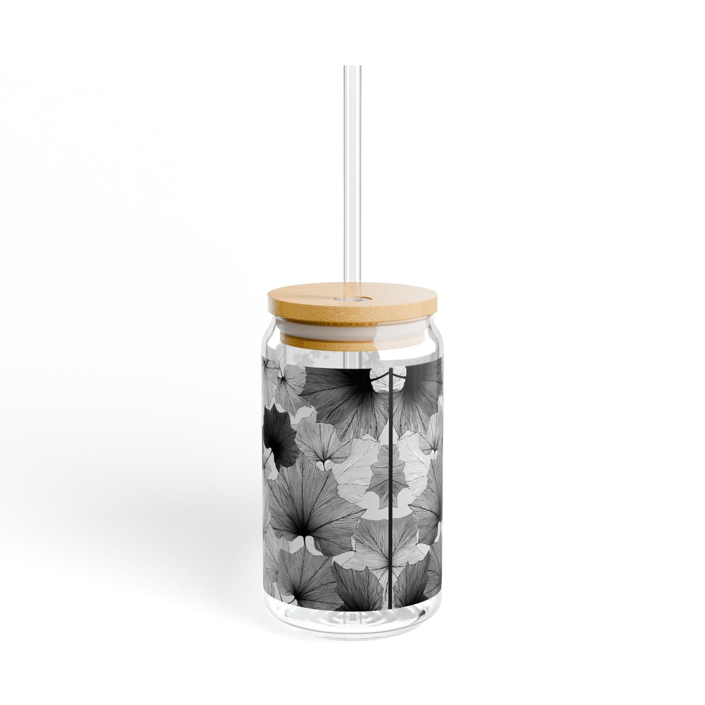 Lux Leaves, Black & White Design for Cold Drinks - Coffee, Matcha, Tea Autumn Fall Sipper Glass with Lid/Straw, 16oz