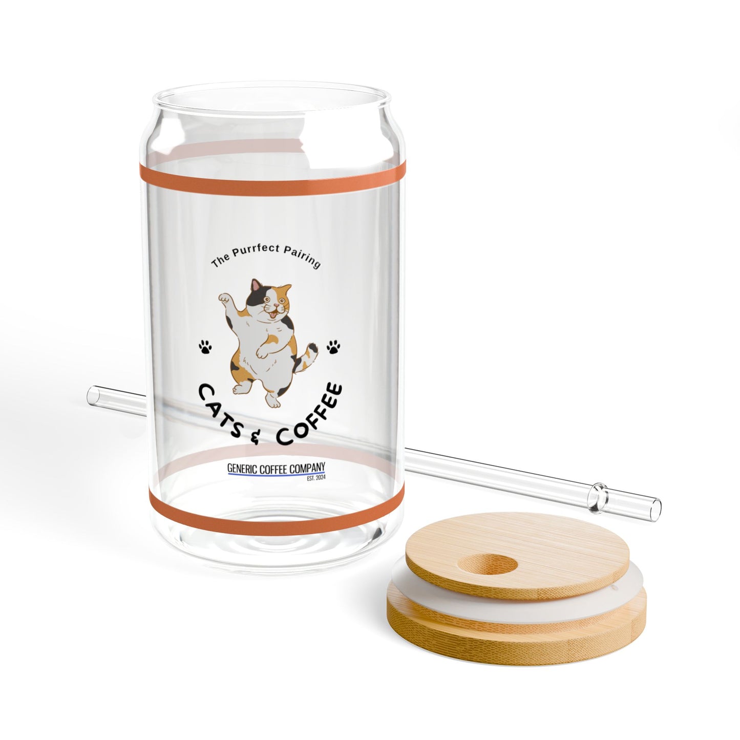 Purrfect Pairing for Cold Drinks - Calico Cats & Coffee Sipper Glass with Lid/Straw, 16oz