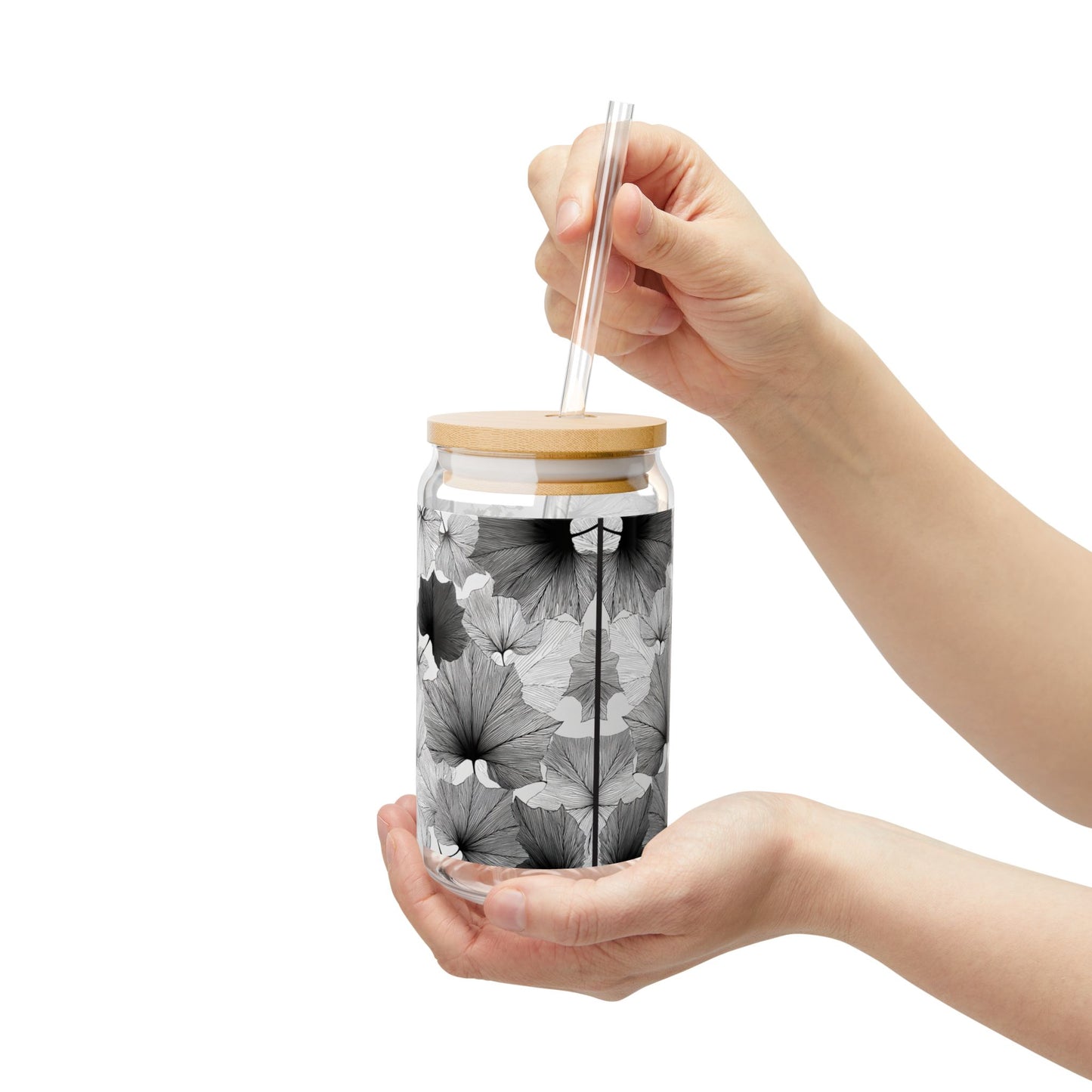 Lux Leaves, Black & White Design for Cold Drinks - Coffee, Matcha, Tea Autumn Fall Sipper Glass with Lid/Straw, 16oz