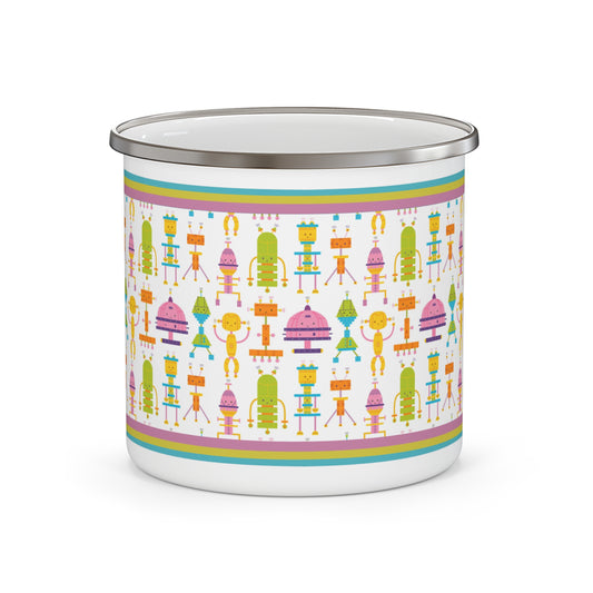 Robot Patterned Vintage Inspired Enamel Camping Mug, Cute, Bright, Everything Mug, Everyday Adventure Mug, 12 oz
