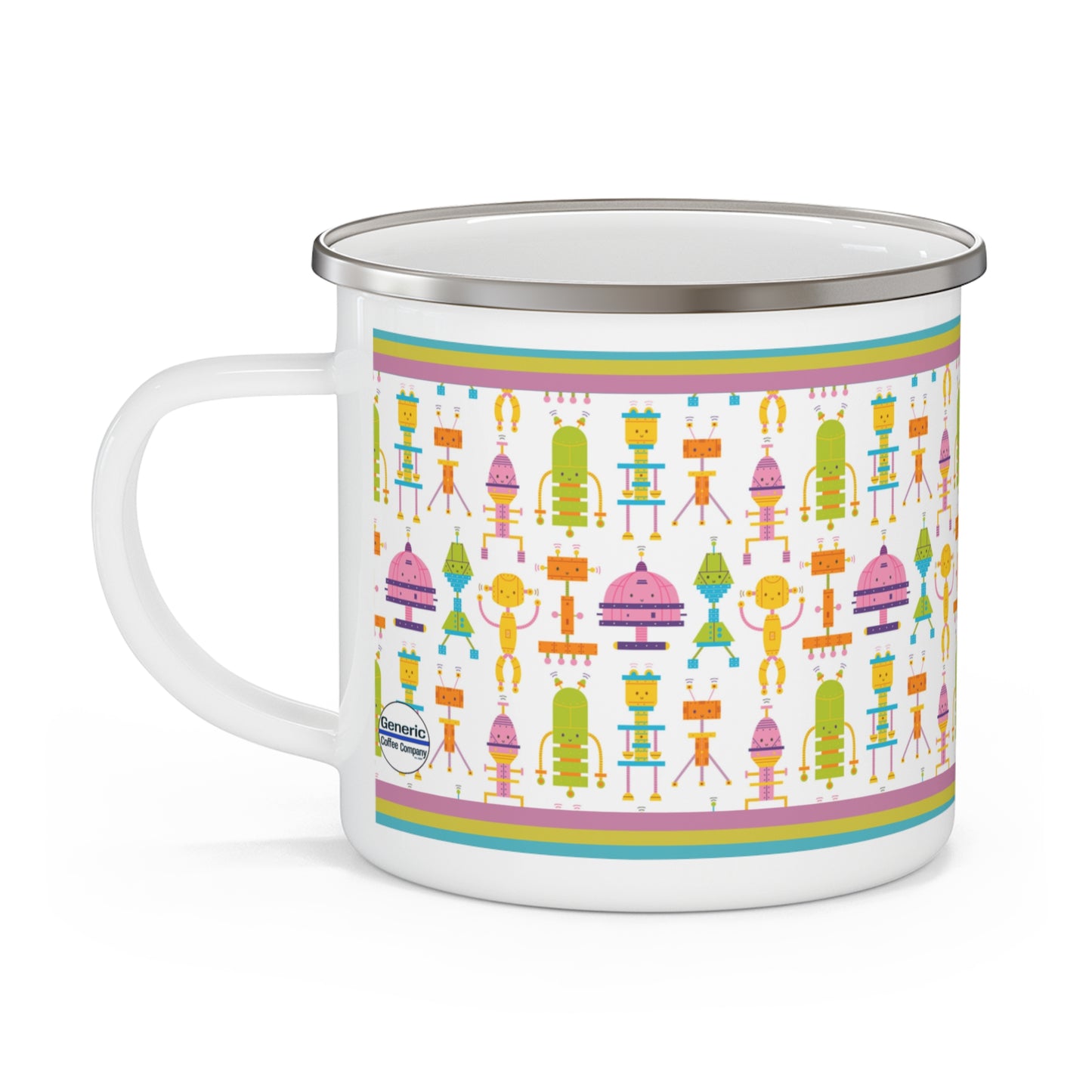 Robot Patterned Vintage Inspired Enamel Camping Mug, Cute, Bright, Everything Mug, Everyday Adventure Mug, 12 oz
