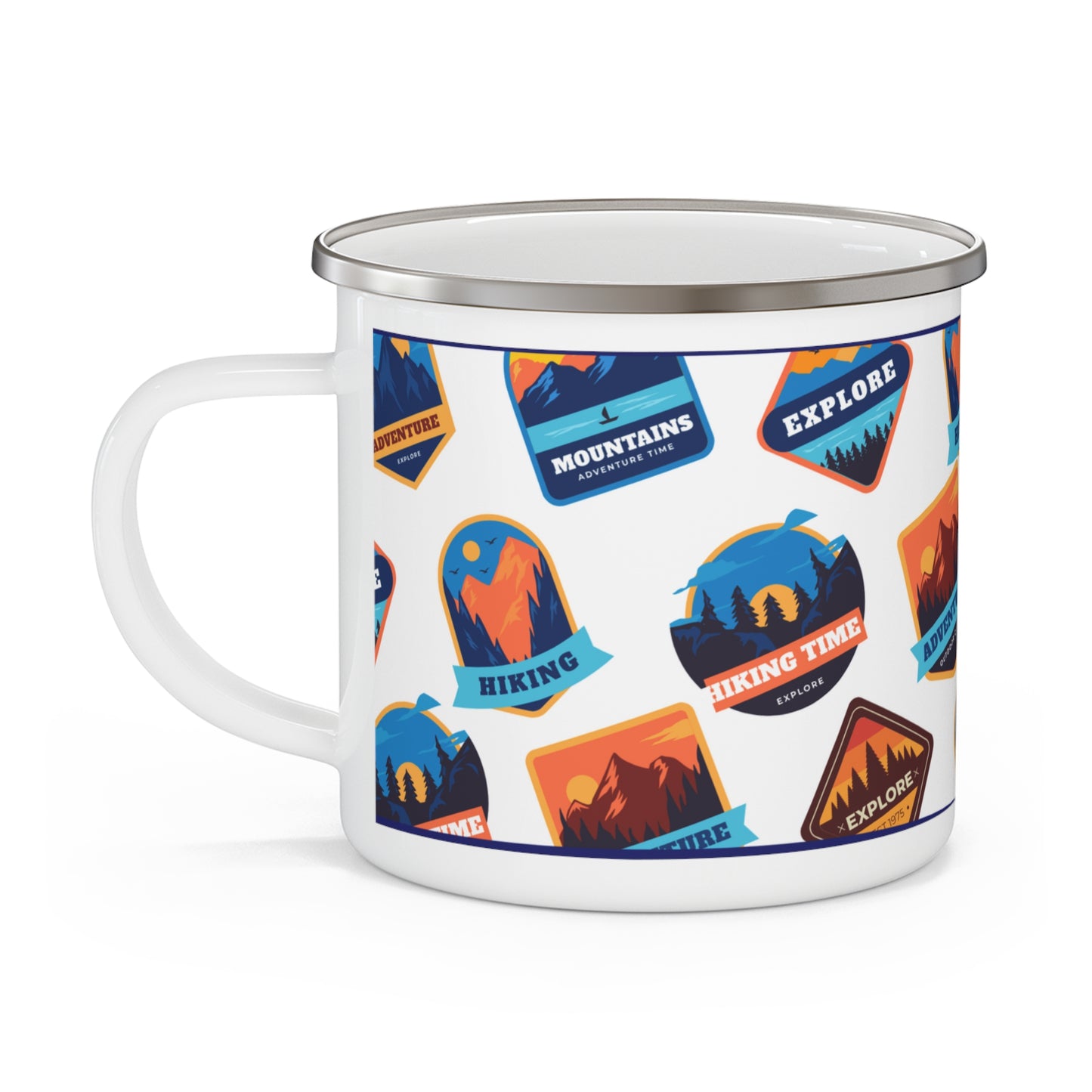 Summer Camp Badges, Retro Style, Vintage Enamel Camping Mug, 12 oz