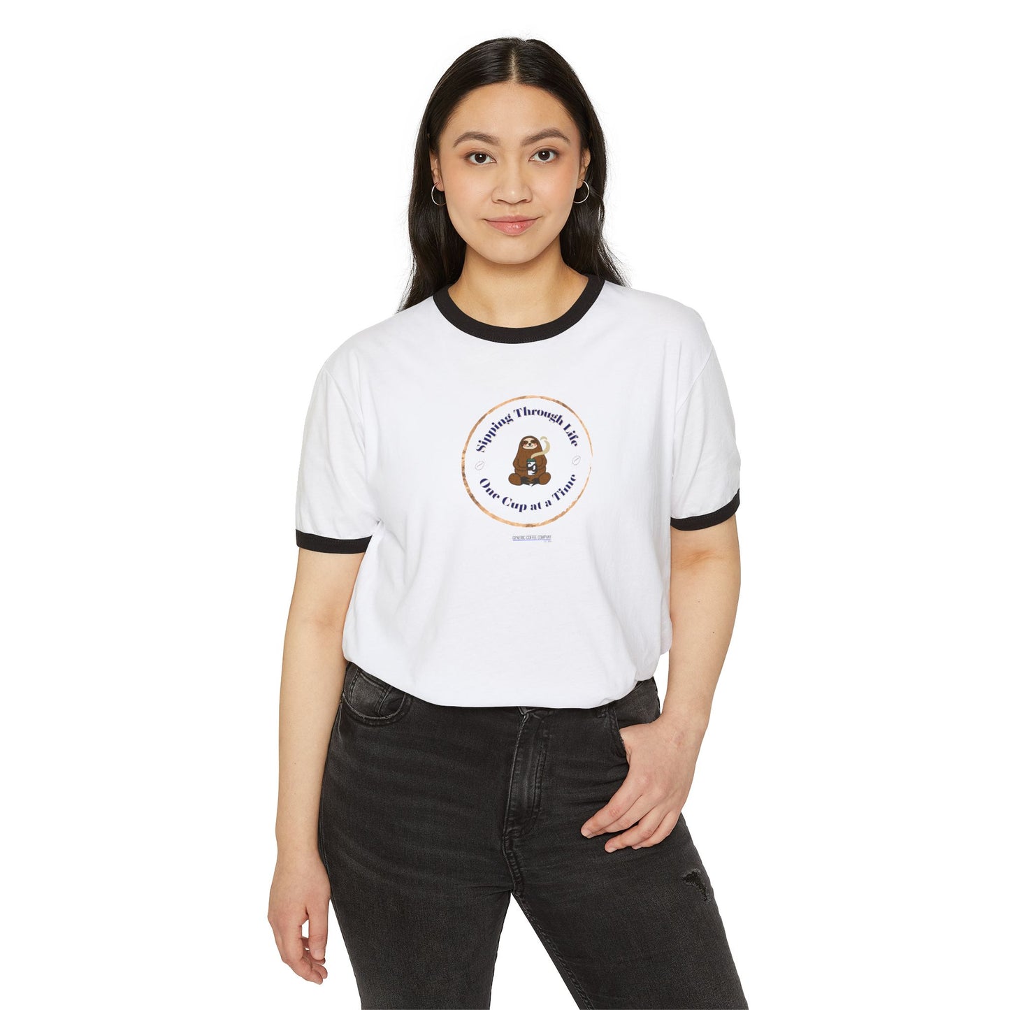 Sipping Through Life... Zen Sloth Enjoying Coffee - Unisex Cotton Light-Fit Ringer Tee Shirt, White/Black