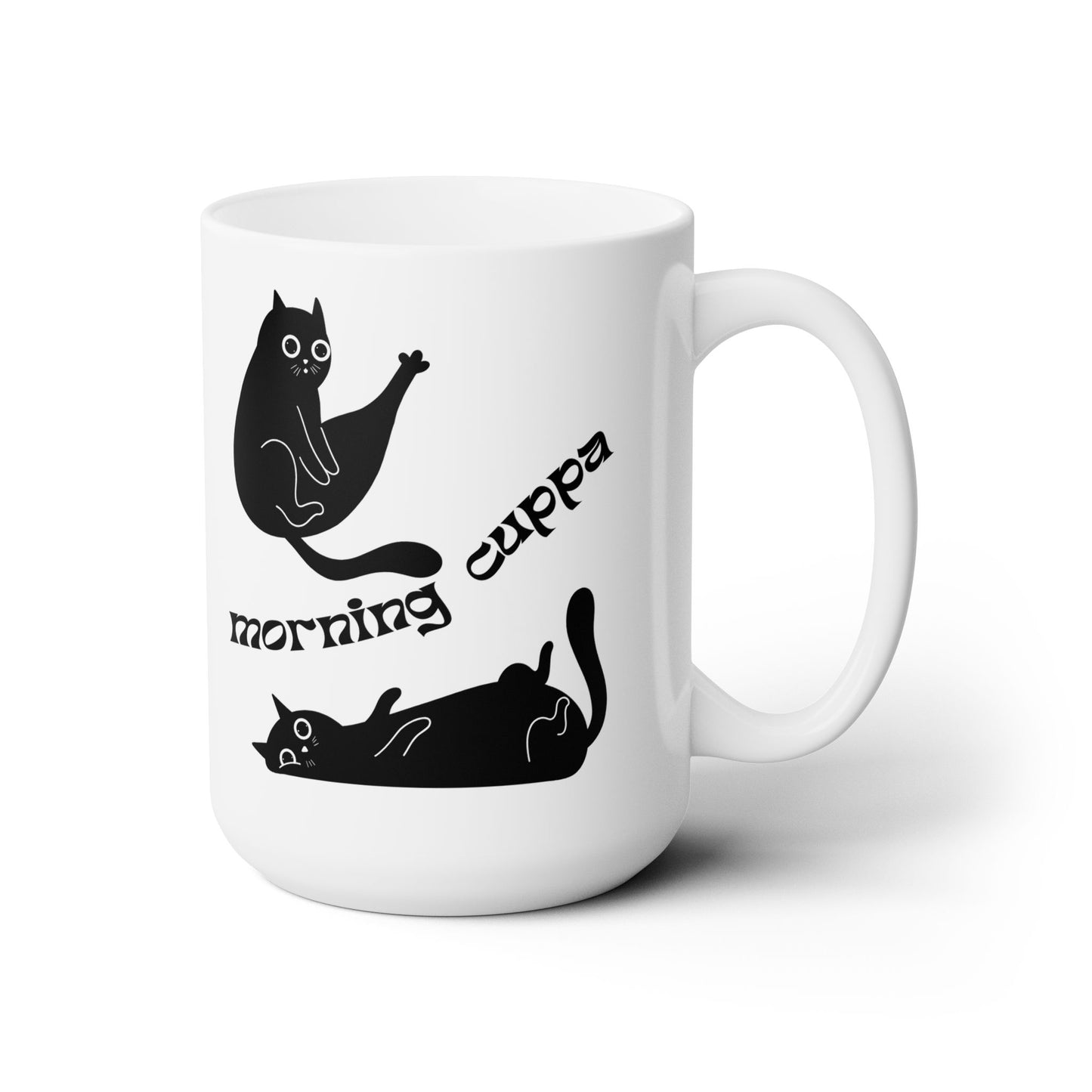 Morning Cuppa with Black Cats, Cute White Ceramic Mug, 15oz