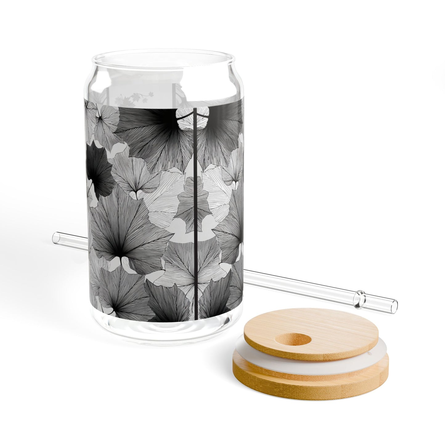 Lux Leaves, Black & White Design for Cold Drinks - Coffee, Matcha, Tea Autumn Fall Sipper Glass with Lid/Straw, 16oz