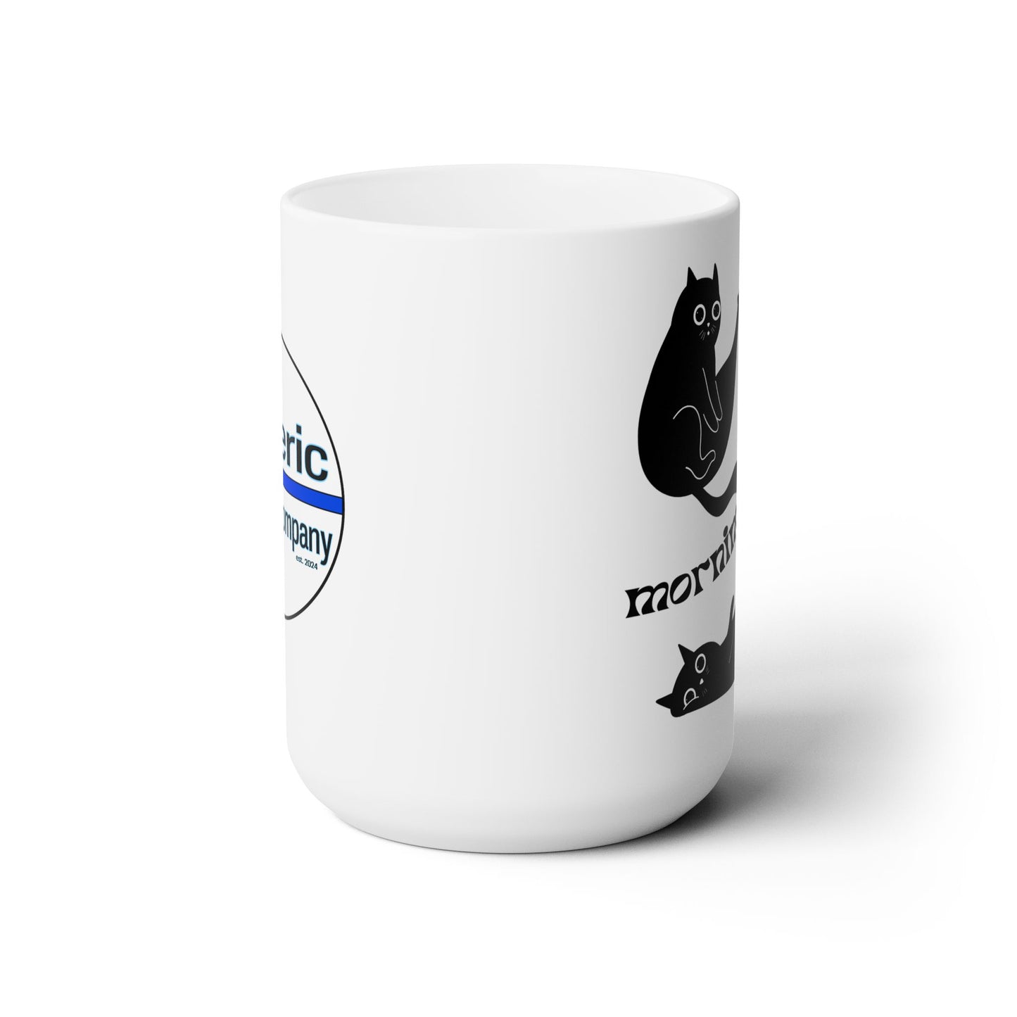 Morning Cuppa with Black Cats, Cute White Ceramic Mug, 15oz
