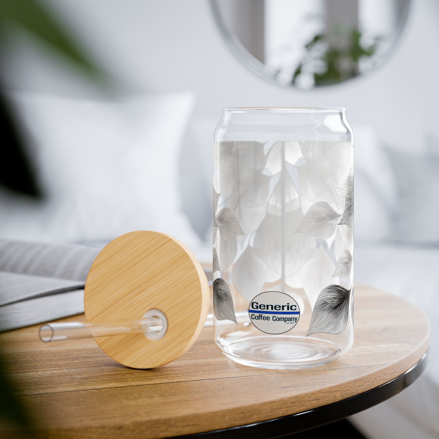 Sweeping Leaves, Black & White Design for Cold Drinks - Coffee, Matcha, Tea Autumn Fall Sipper Glass with Lid/Straw, 16oz
