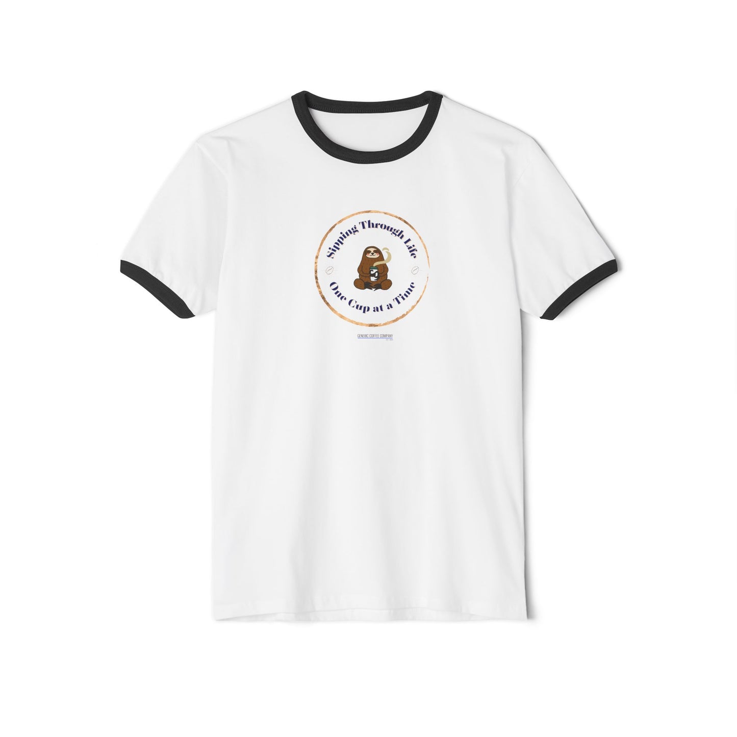 Sipping Through Life... Zen Sloth Enjoying Coffee - Unisex Cotton Light-Fit Ringer Tee Shirt, White/Black