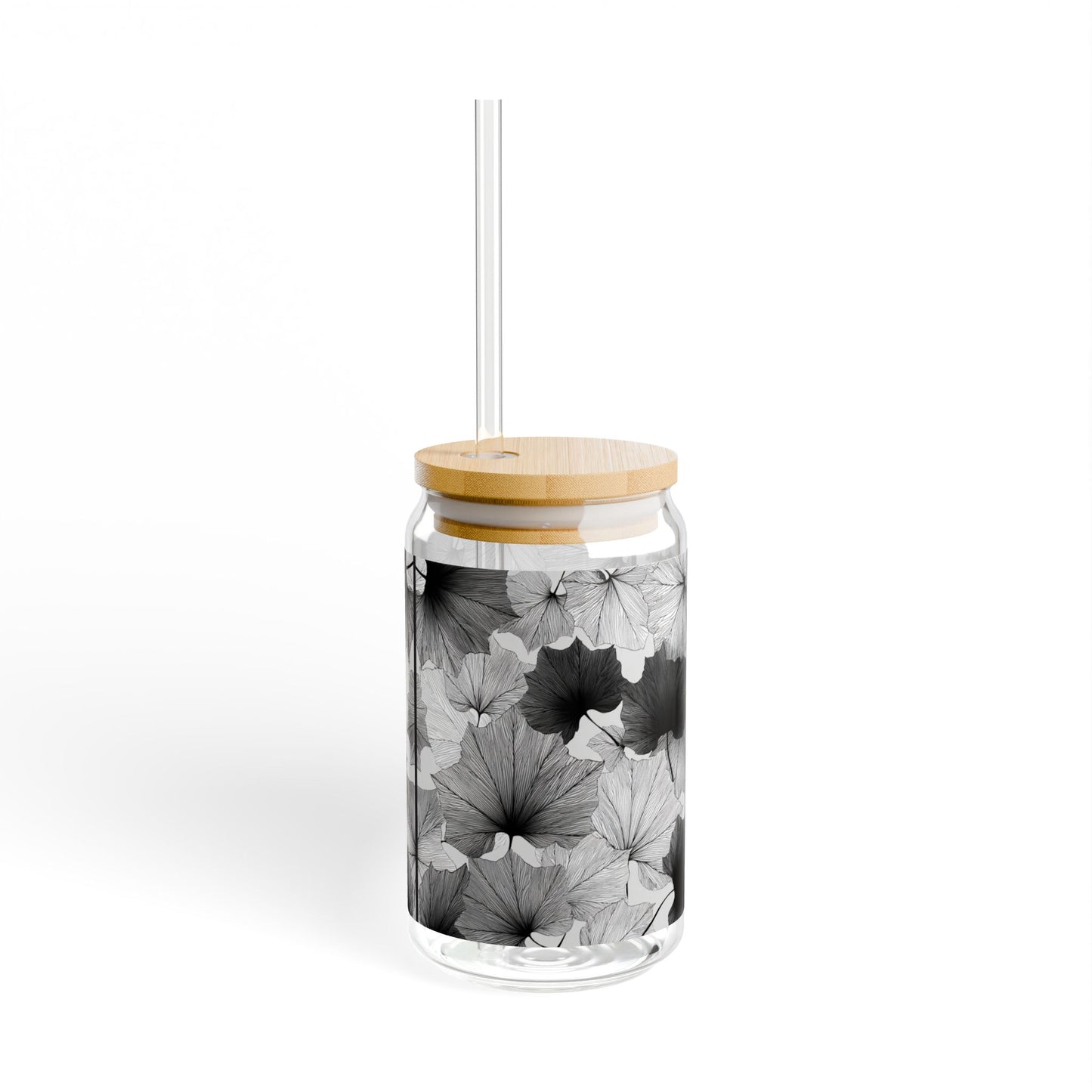 Lux Leaves, Black & White Design for Cold Drinks - Coffee, Matcha, Tea Autumn Fall Sipper Glass with Lid/Straw, 16oz