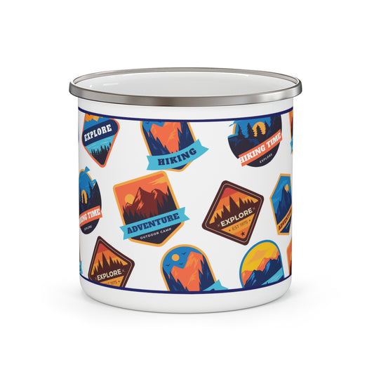 Summer Camp Badges, Retro Style, Vintage Enamel Camping Mug, 12 oz