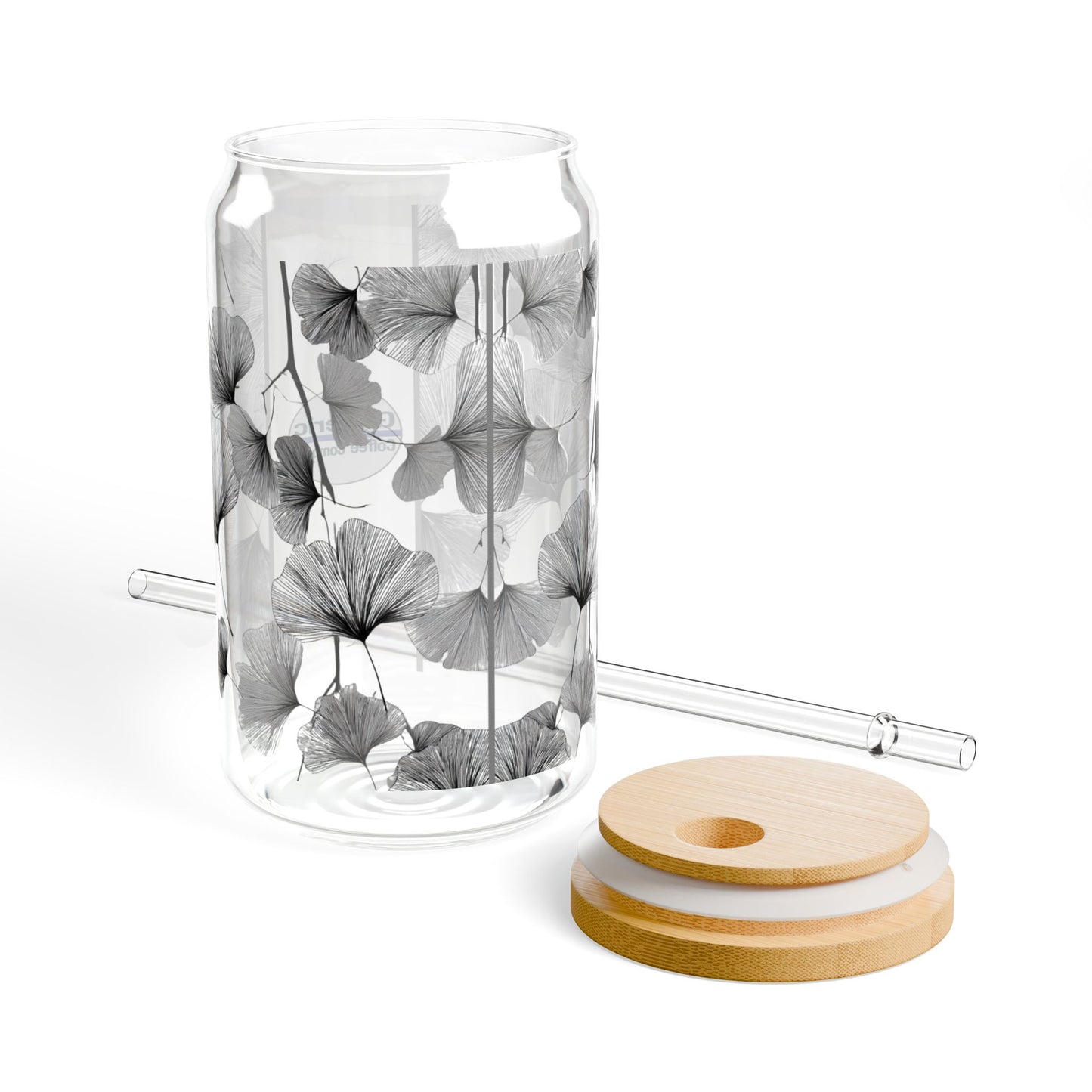 Delicate Ginko Biloba Leaves, Black & White Design for Cold Drinks - Coffee, Matcha, Tea Autumn Fall Sipper Glass with Lid/Straw, 16oz