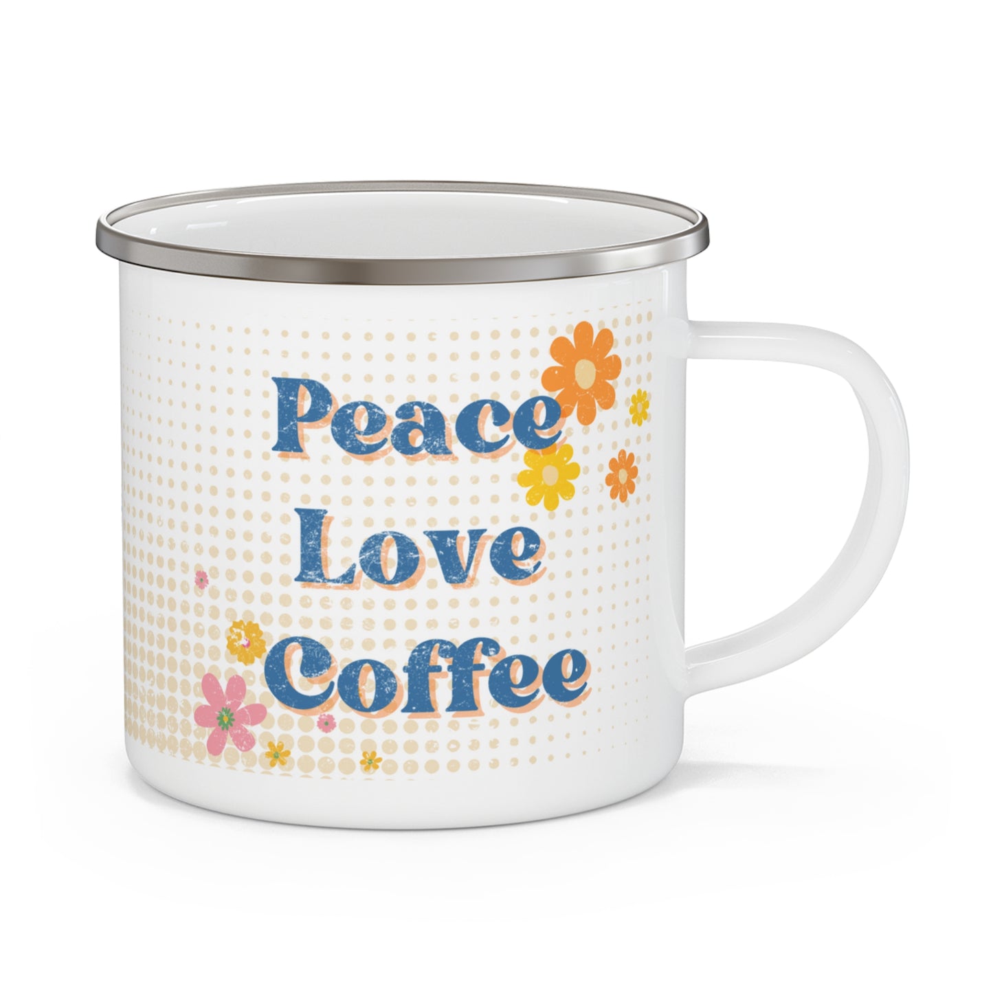 Peace Love Coffee, Retro 70s Style Vintage Enamel Camping Mug, 12 oz