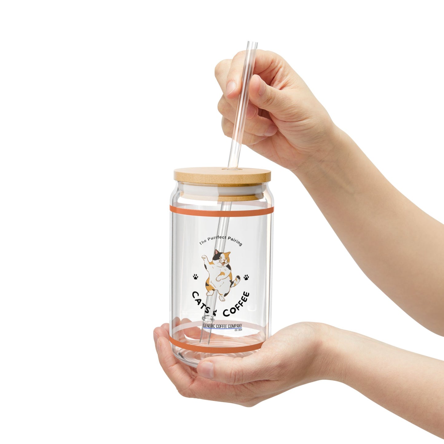 Purrfect Pairing for Cold Drinks - Calico Cats & Coffee Sipper Glass with Lid/Straw, 16oz