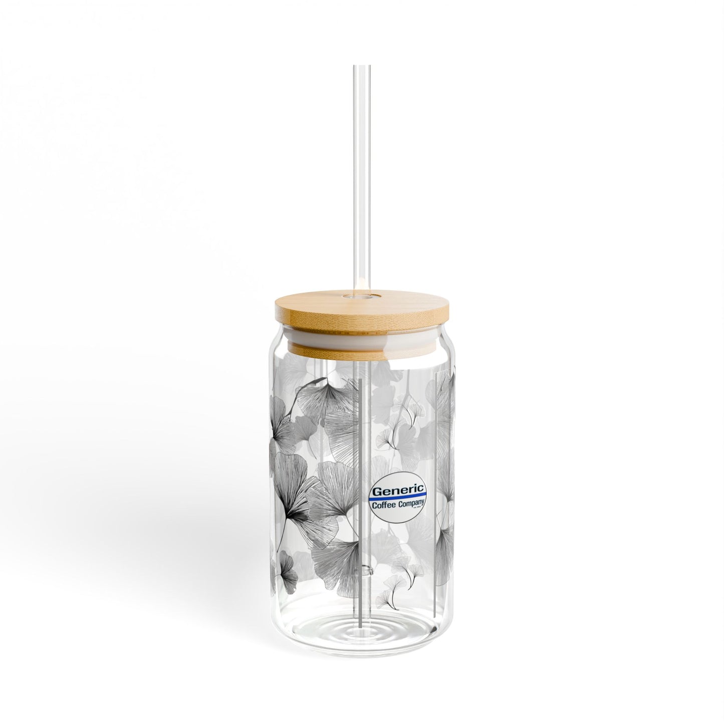 Delicate Ginko Biloba Leaves, Black & White Design for Cold Drinks - Coffee, Matcha, Tea Autumn Fall Sipper Glass with Lid/Straw, 16oz