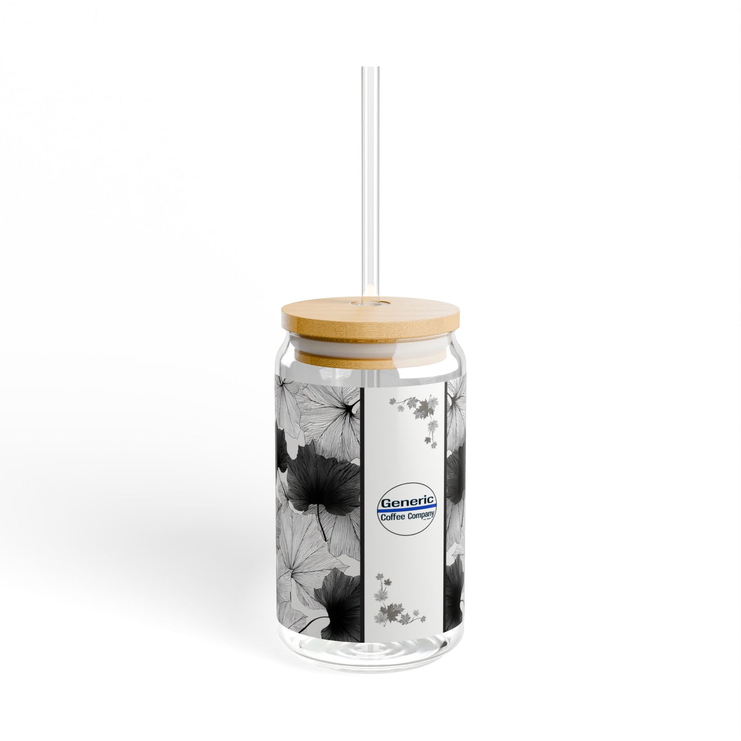 Lux Leaves, Black & White Design for Cold Drinks - Coffee, Matcha, Tea Autumn Fall Sipper Glass with Lid/Straw, 16oz