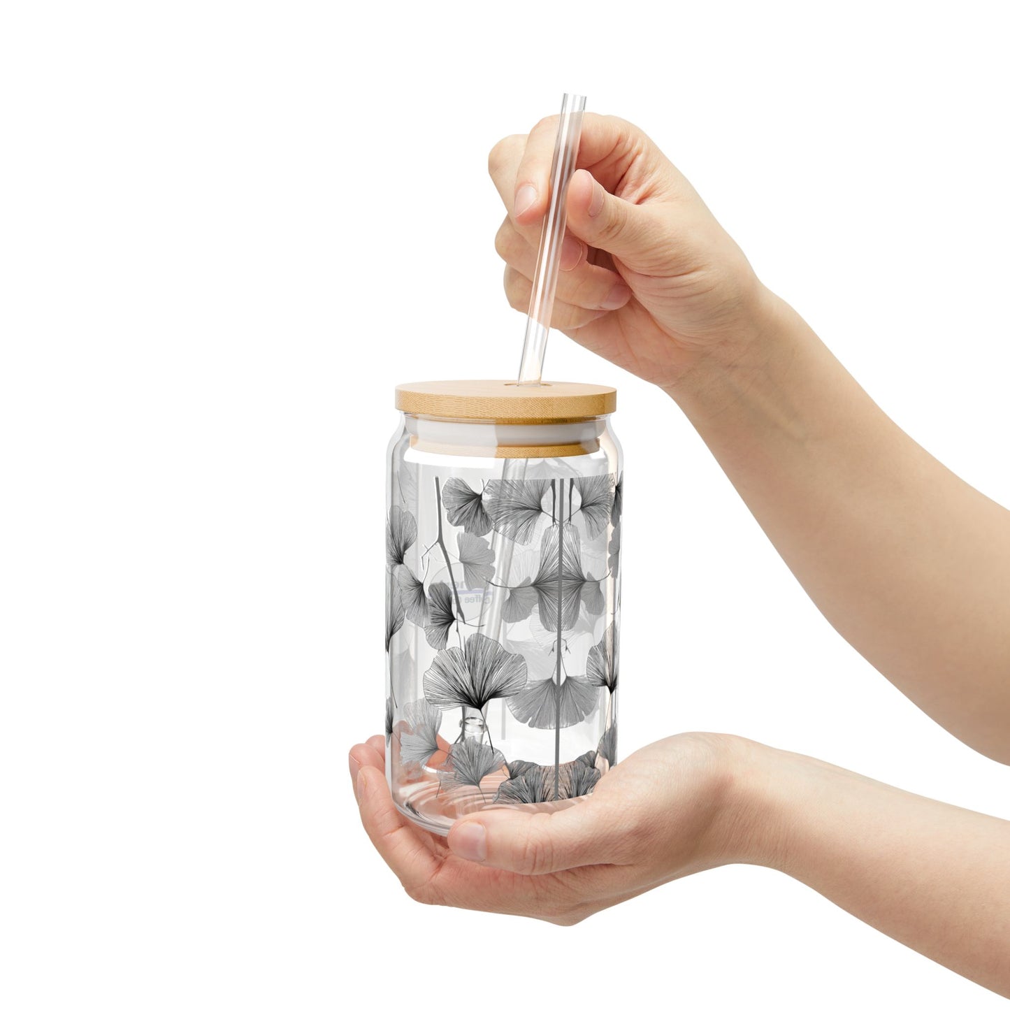 Delicate Ginko Biloba Leaves, Black & White Design for Cold Drinks - Coffee, Matcha, Tea Autumn Fall Sipper Glass with Lid/Straw, 16oz