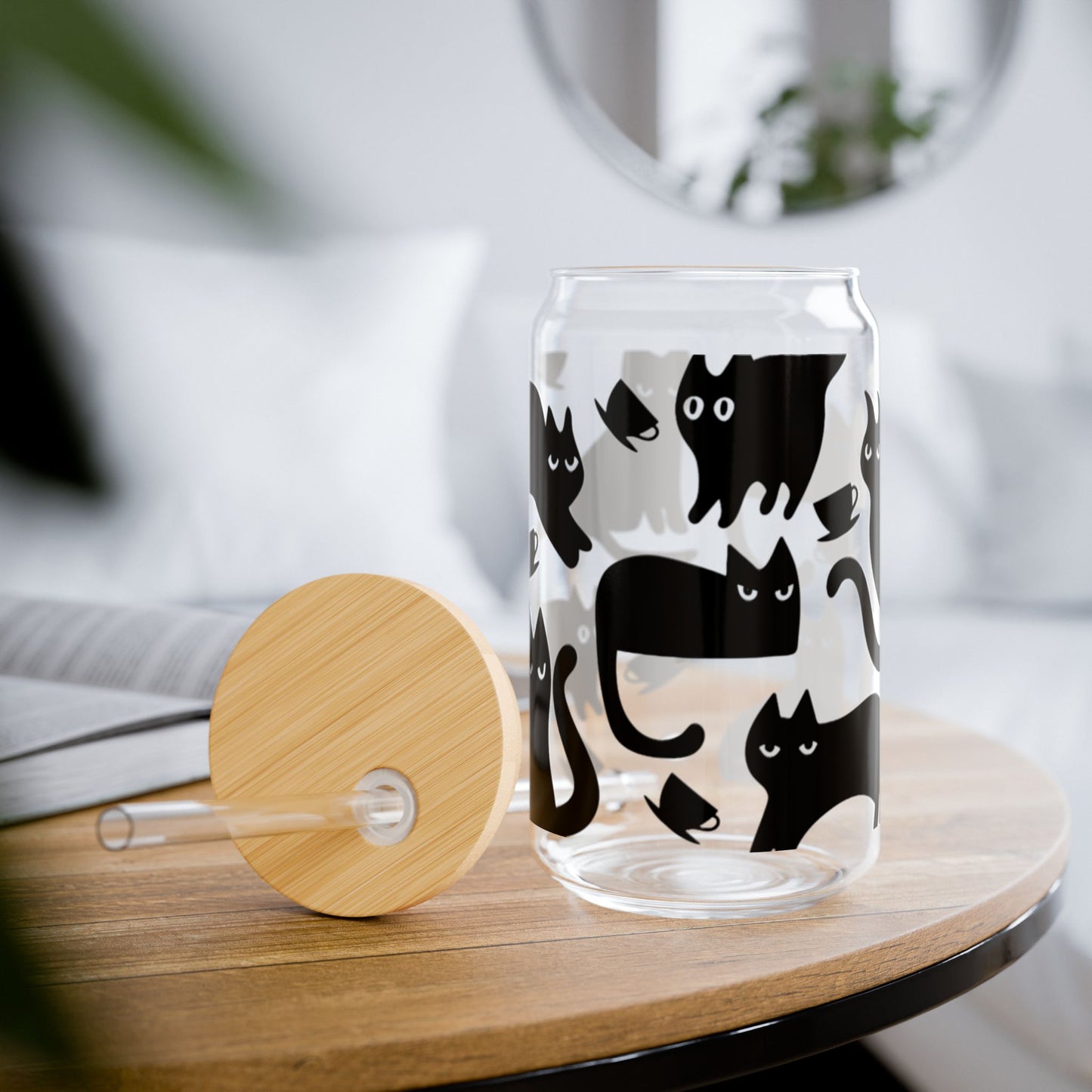 Black Cat and Coffee - Tea Cups, Sipper Glass, 16oz