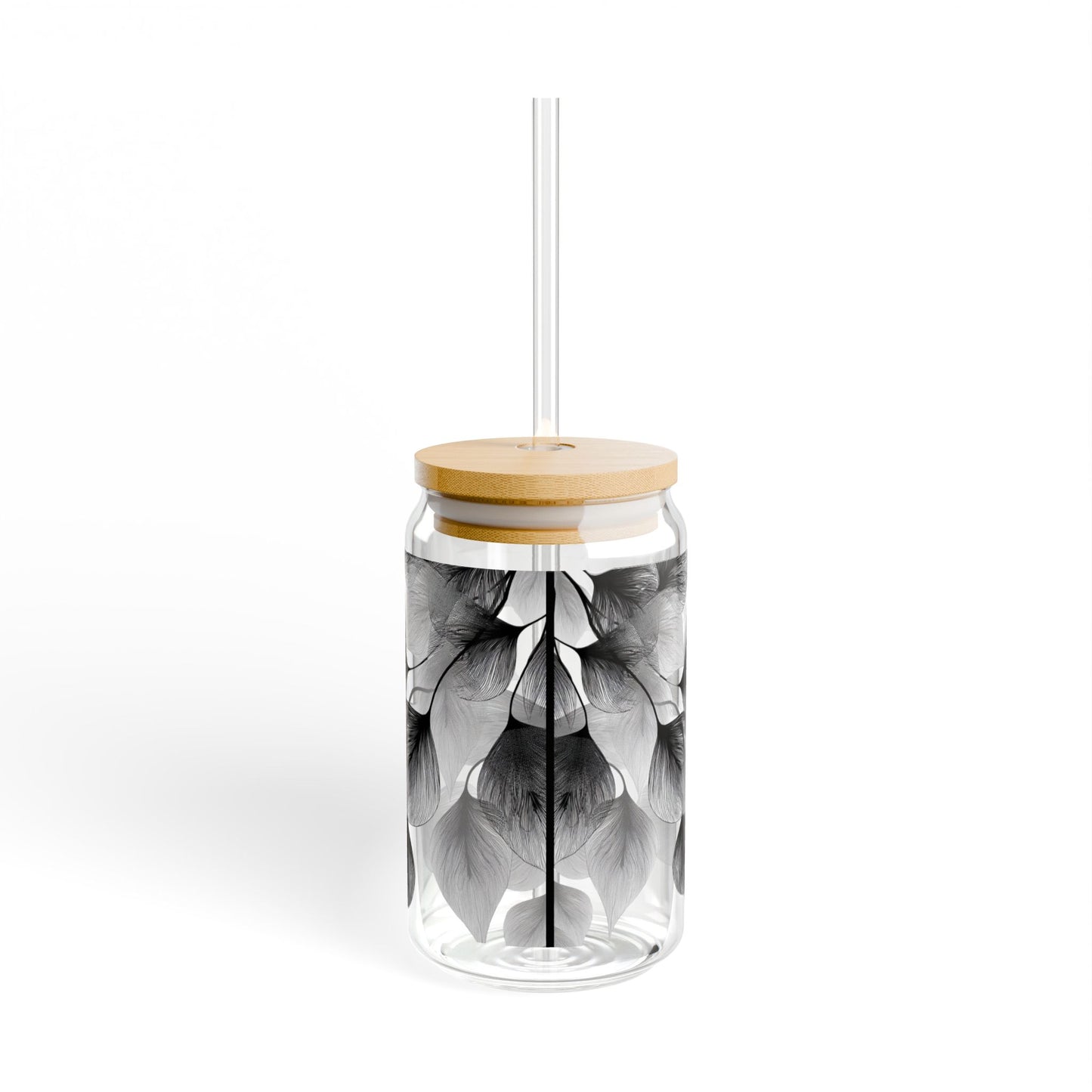 Sweeping Leaves, Black & White Design for Cold Drinks - Coffee, Matcha, Tea Autumn Fall Sipper Glass with Lid/Straw, 16oz
