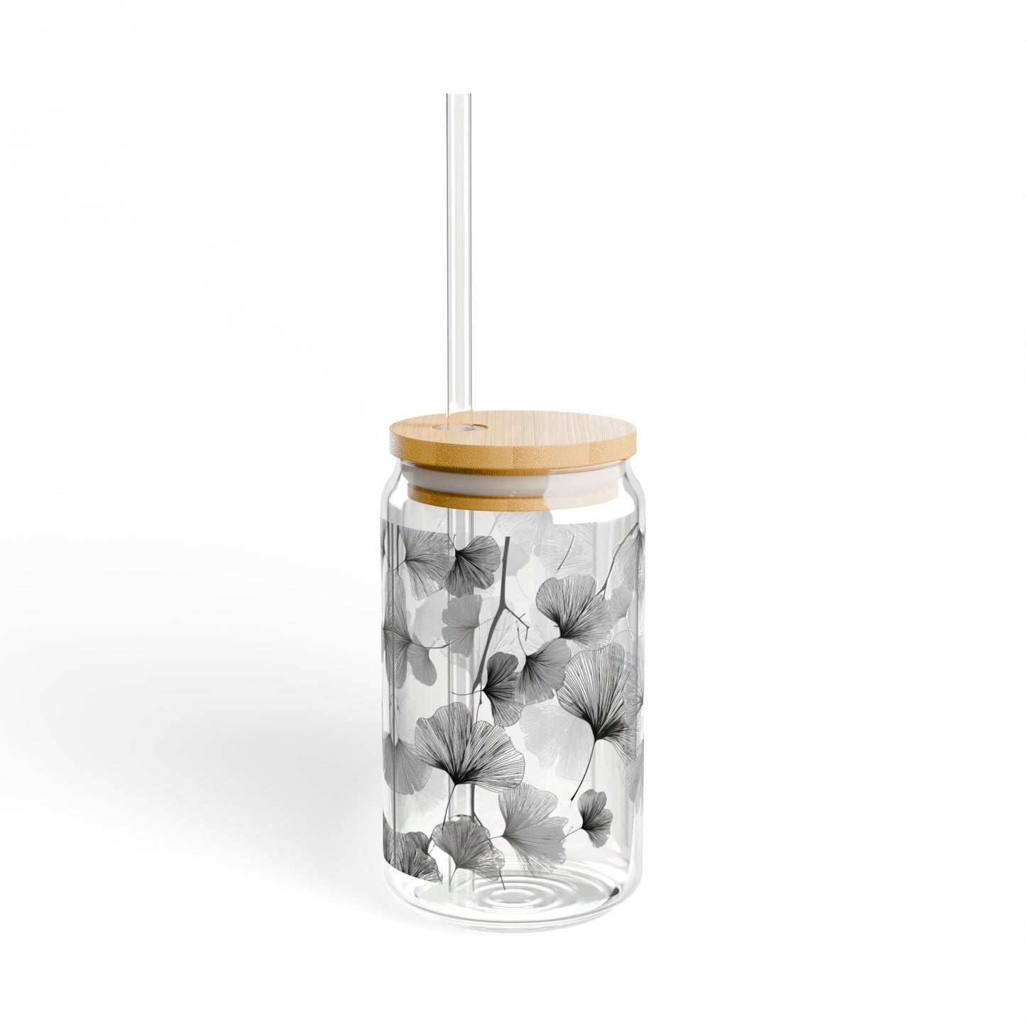 Delicate Ginko Biloba Leaves, Black & White Design for Cold Drinks - Coffee, Matcha, Tea Autumn Fall Sipper Glass with Lid/Straw, 16oz