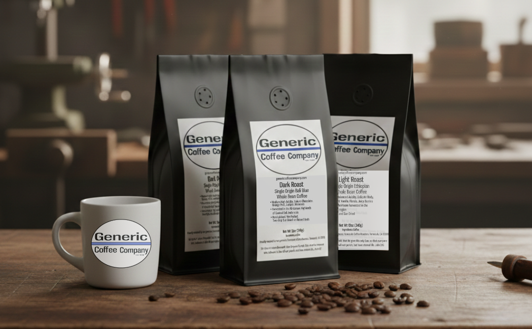 Three bags of coffee sitting on a wooden workbench with a white ceramic mug