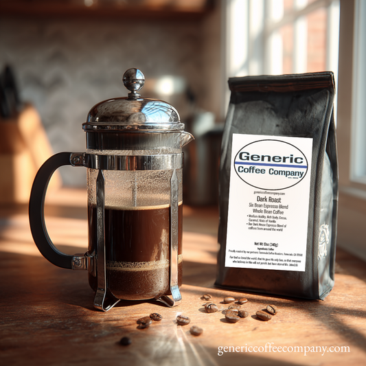 french press coffee maker next to a bag of Generic Coffee Company dark roast