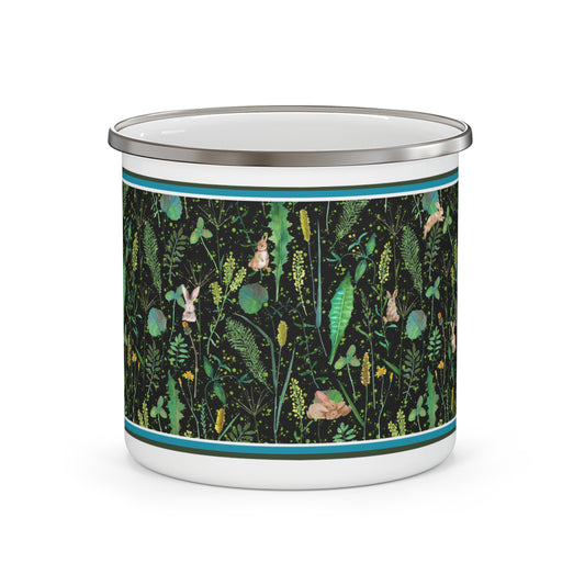 Forest Botanicals Enamel Camping Mug | Spring Greens and Bunnies, Everyday Adventure, Garden, Nature Mug, 12 oz
