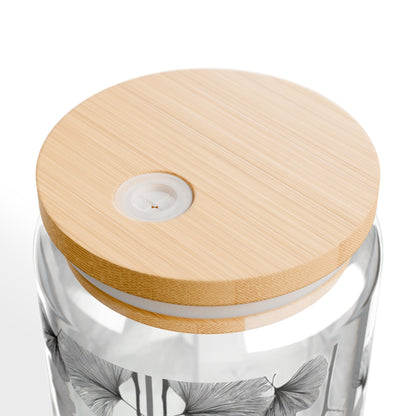 Delicate Ginko Biloba Leaves, Black & White Design for Cold Drinks - Coffee, Matcha, Tea Autumn Fall Sipper Glass with Lid/Straw, 16oz