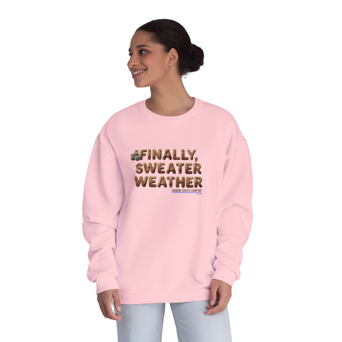 Crewneck Sweatshirt — "Finally, Sweater Weather" With Apples Cozy Fall Pullover (Tan Text)