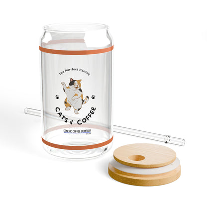 Purrfect Pairing for Cold Drinks - Calico Cats & Coffee Sipper Glass with Lid/Straw, 16oz