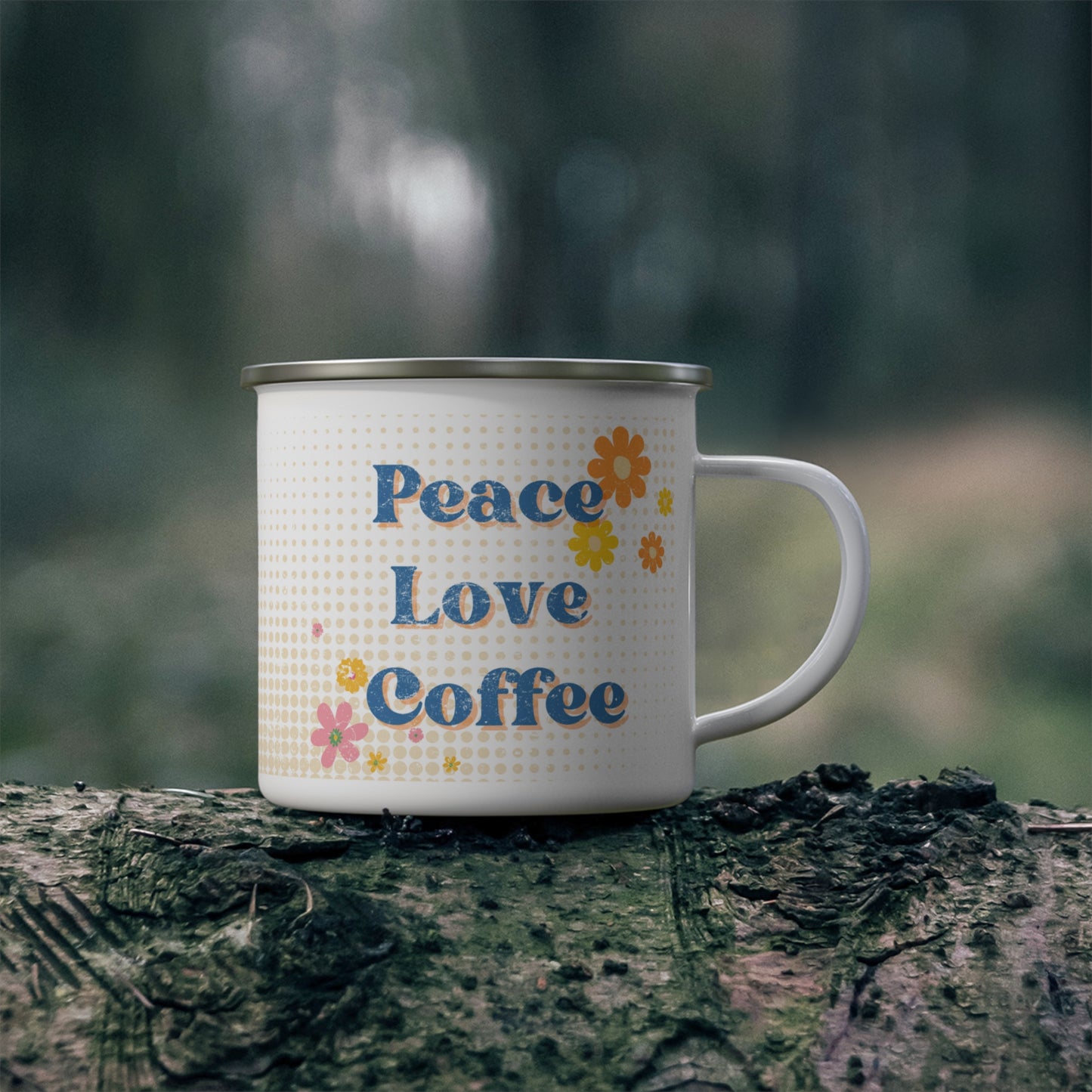 Peace Love Coffee, Retro 70s Style Vintage Enamel Camping Mug, 12 oz