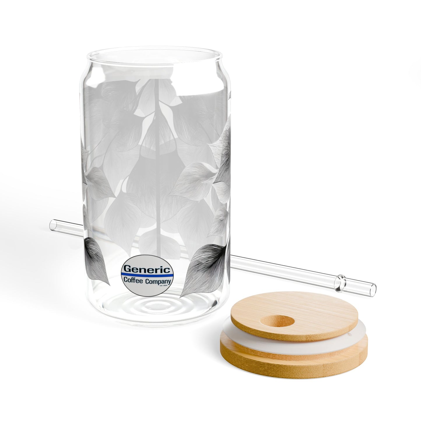 Sweeping Leaves, Black & White Design for Cold Drinks - Coffee, Matcha, Tea Autumn Fall Sipper Glass with Lid/Straw, 16oz