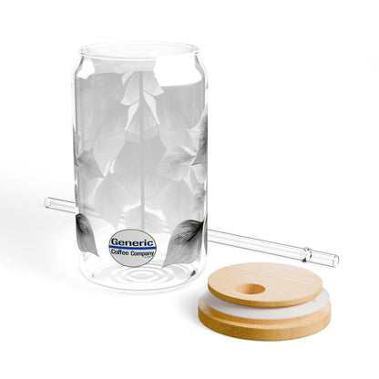 Sweeping Leaves, Black & White Design for Cold Drinks - Coffee, Matcha, Tea Autumn Fall Sipper Glass with Lid/Straw, 16oz