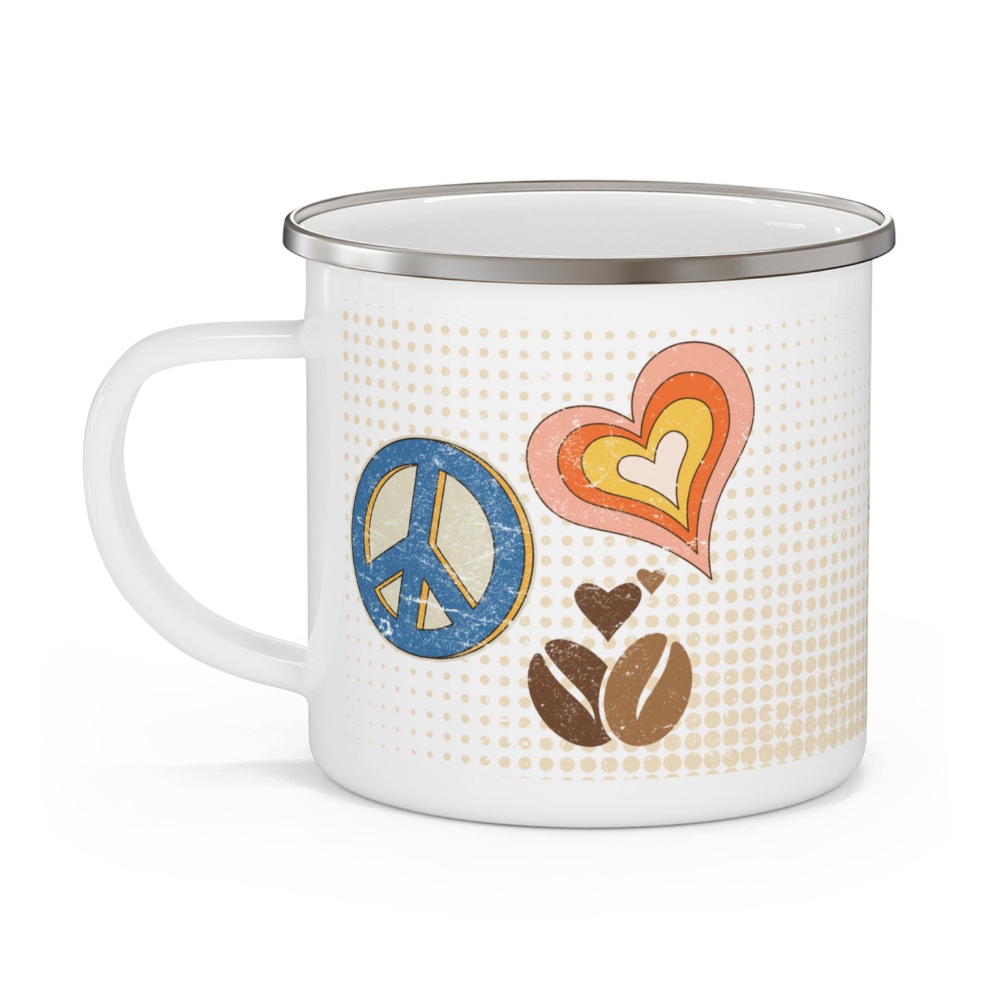 Peace Love Coffee, Retro 70s Style Vintage Enamel Camping Mug, 12 oz