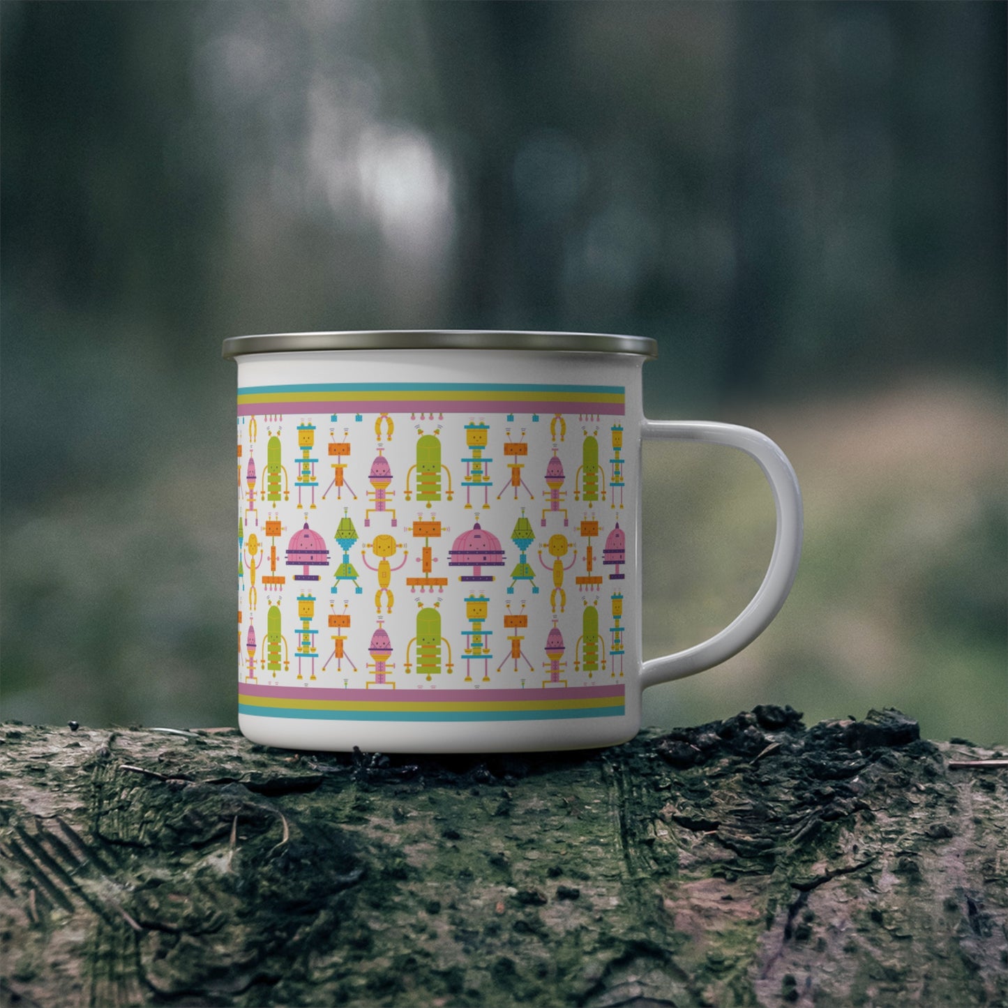 Robot Patterned Vintage Inspired Enamel Camping Mug, Cute, Bright, Everything Mug, Everyday Adventure Mug, 12 oz