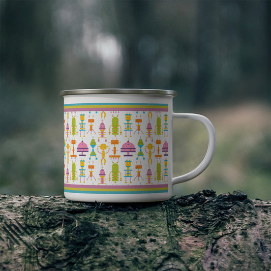 Robot Patterned Vintage Inspired Enamel Camping Mug, Cute, Bright, Everything Mug, Everyday Adventure Mug, 12 oz