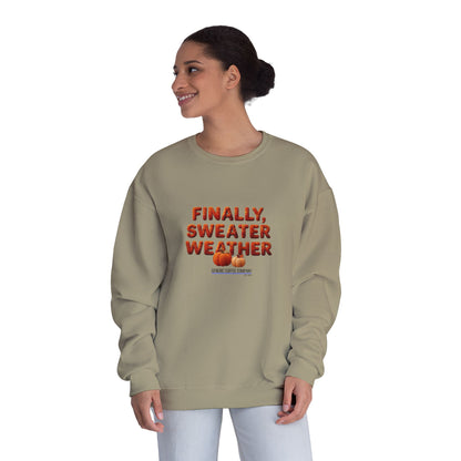 Crewneck Sweatshirt — "Finally, Sweater Weather" With Pumpkins Cozy Fall Pullover