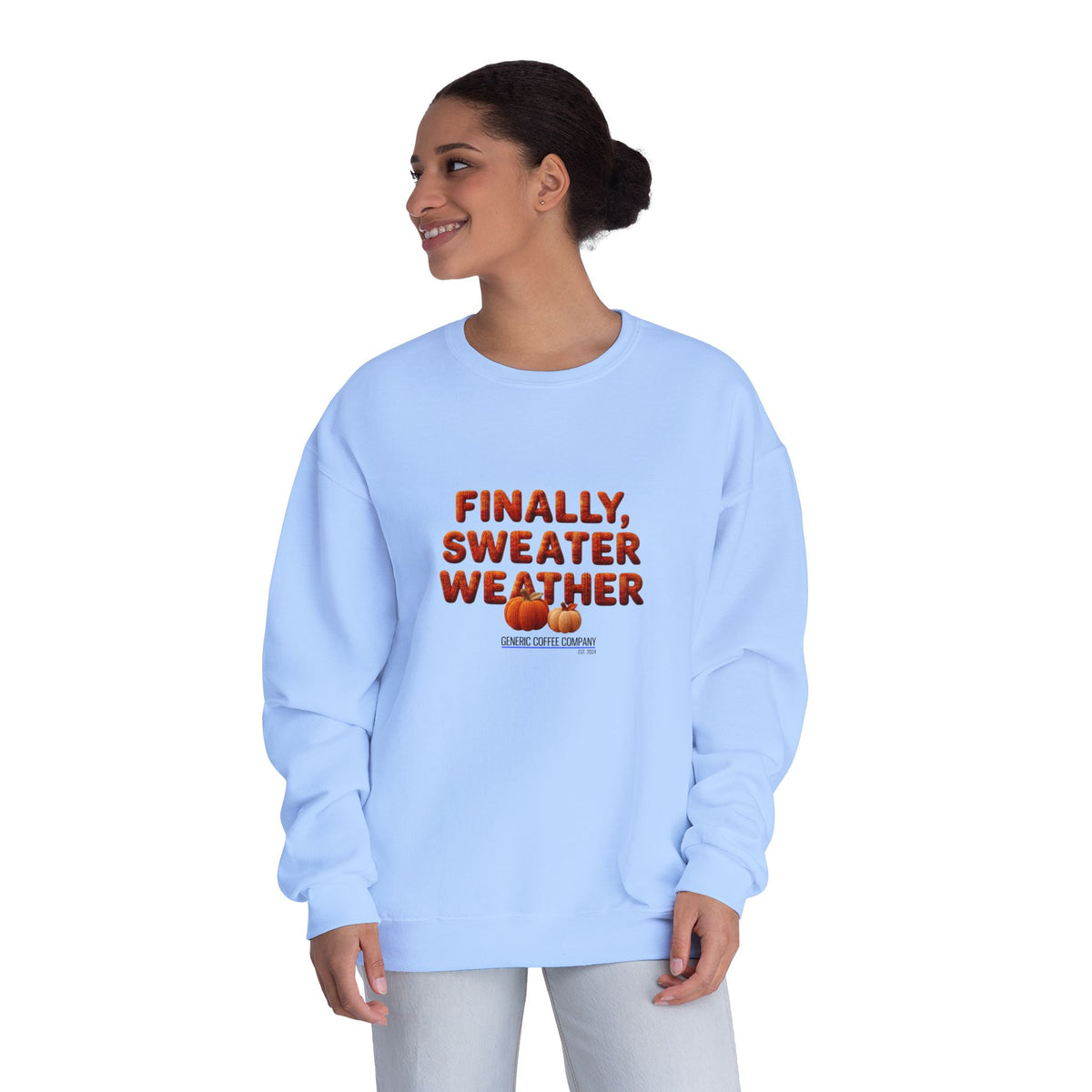 Crewneck Sweatshirt — "Finally, Sweater Weather" With Pumpkins Cozy Fall Pullover