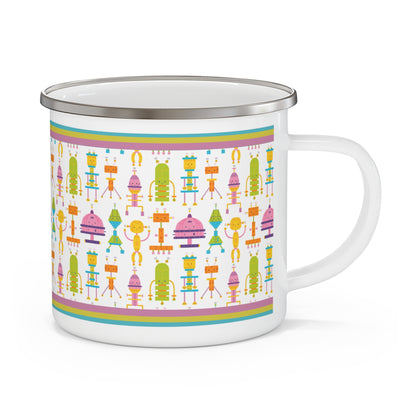 Robot Patterned Vintage Inspired Enamel Camping Mug, Cute, Bright, Everything Mug, Everyday Adventure Mug, 12 oz