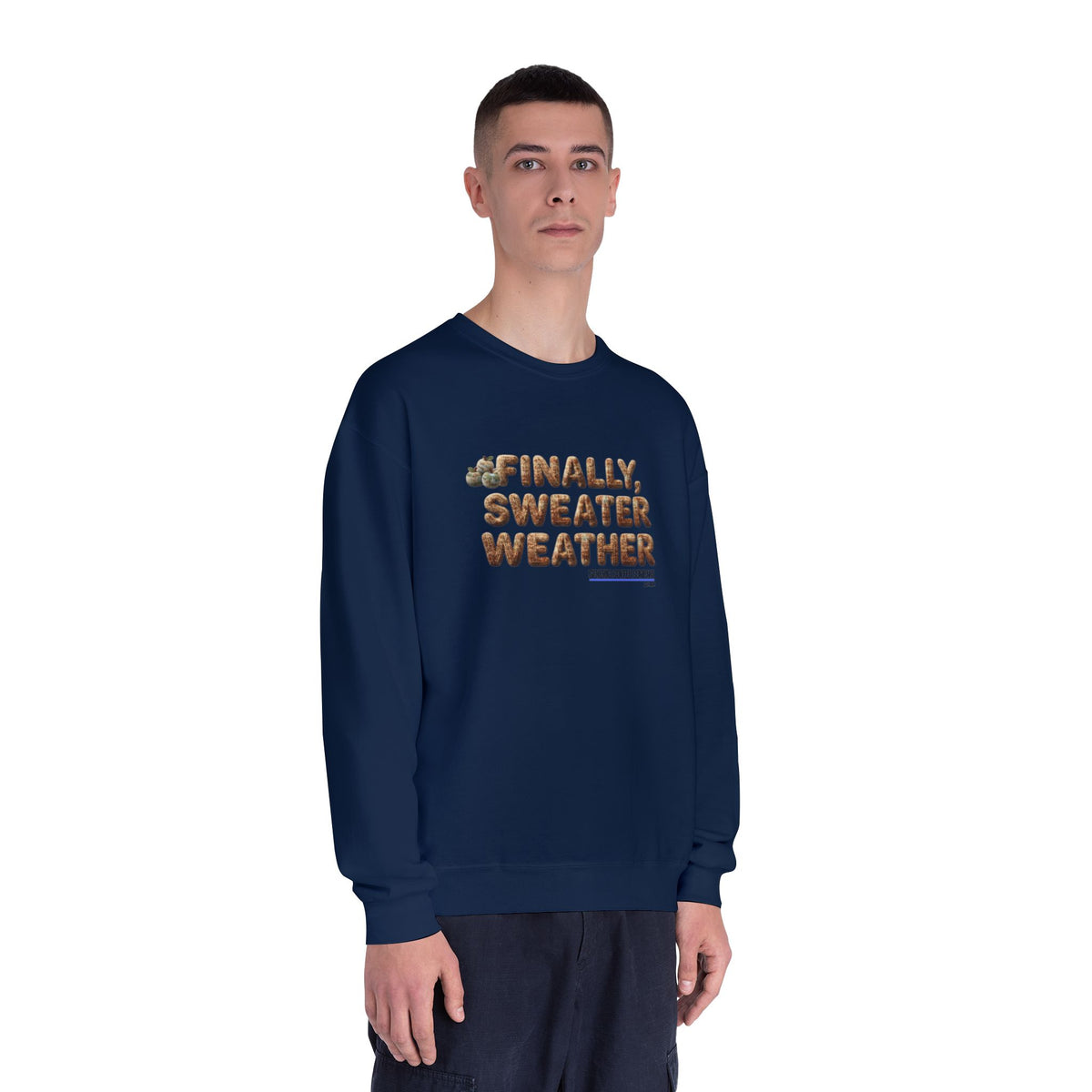 Crewneck Sweatshirt — "Finally, Sweater Weather" With Apples Cozy Fall Pullover (Tan Text)
