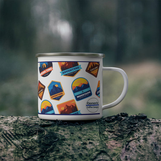 Summer Camp Badges, Retro Style, Vintage Enamel Camping Mug, 12 oz