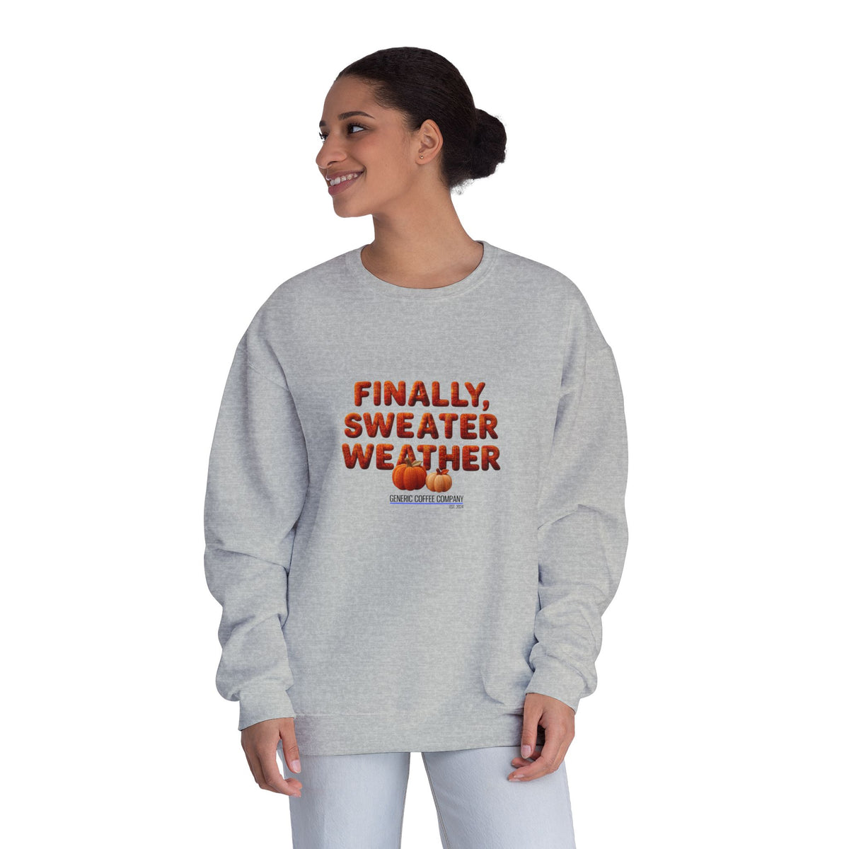 Crewneck Sweatshirt — "Finally, Sweater Weather" With Pumpkins Cozy Fall Pullover
