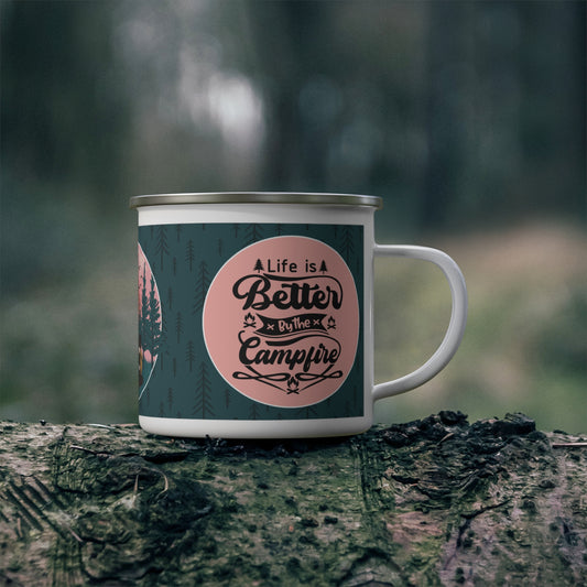 Life is Better by the Campfire, Contemporary Rugged Style, Vintage Enamel Camping Mug, 12 oz