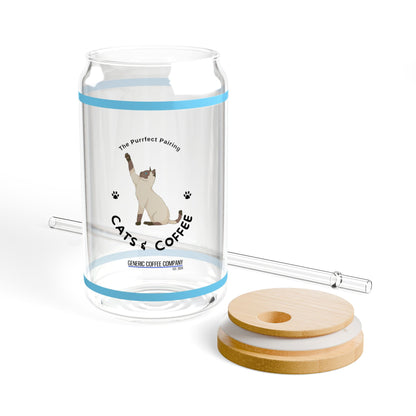 Purrfect Pairing for Cold Drinks - Siamese Cats & Coffee Sipper Glass with Lid/Straw, 16oz