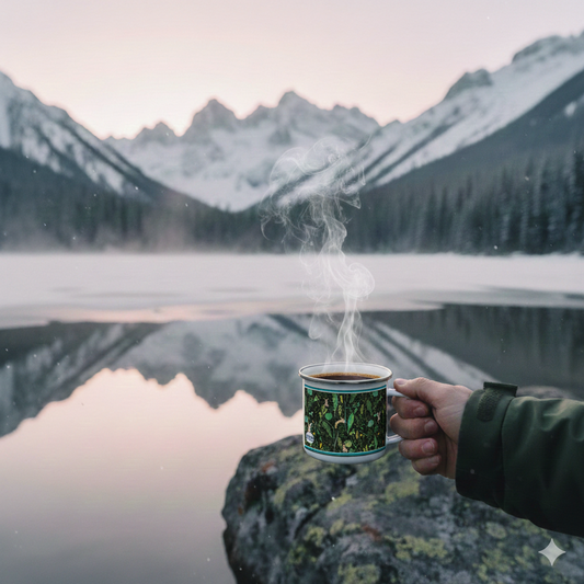 Forest Botanicals Enamel Camping Mug | Spring Greens and Bunnies, Everyday Adventure, Garden, Nature Mug, 12 oz