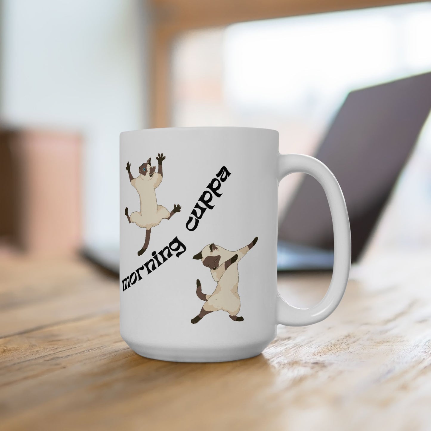 Morning Cuppa with Siamese Cats, Cute White Ceramic Mug, 15oz