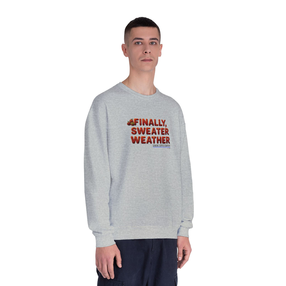Crewneck Sweatshirt — "Finally, Sweater Weather" With Apples Cozy Fall Pullover (Orange Text)