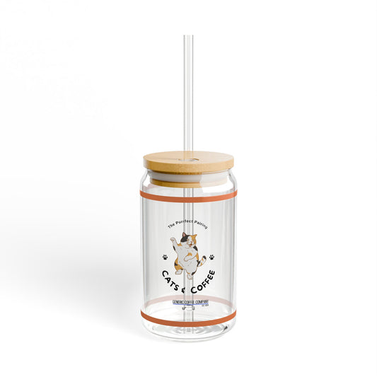 Purrfect Pairing for Cold Drinks - Calico Cats & Coffee Sipper Glass with Lid/Straw, 16oz