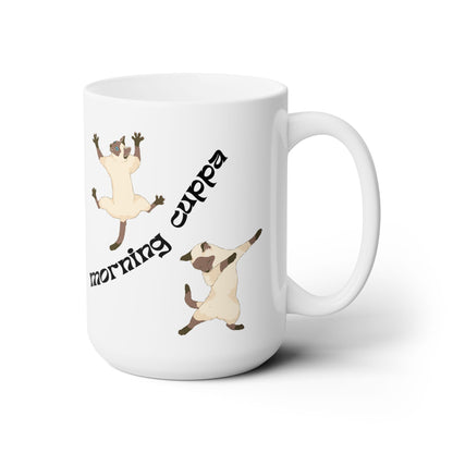 Morning Cuppa with Siamese Cats, Cute White Ceramic Mug, 15oz