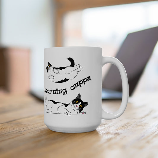 Morning Cuppa with Tuxedo Cats, Cute White Ceramic Mug, 15oz